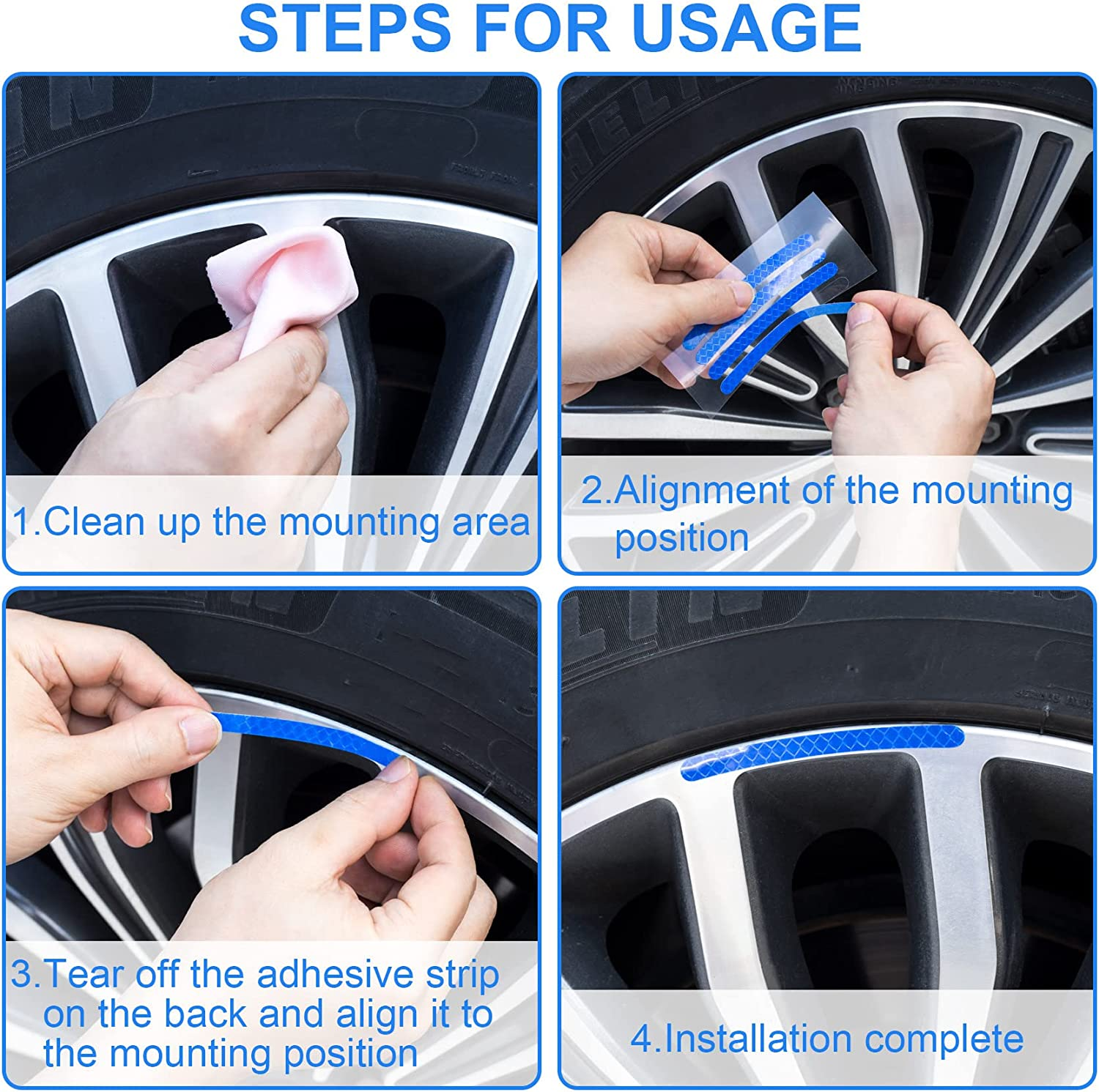 OIIKI 80PCS Reflective Car Wheel Rim Stickers, Wheel Adhesive Strips Stickers, Fluorescent Reflective Exterior Accessories Decorative Decals Tape for Car, Motocycle, Bicycle-Green, White, Blue, Red image number 5