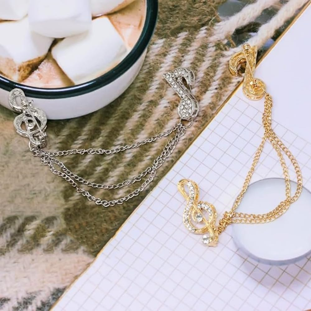 2 Pcs Elegant Music Notes Brooch Pins Jewelry Alloy Crystal Rhinestone Breastpin Lapel Pin for Men and Women Clothes Collar Dress Scarf Decoration Gift，Gold and Silver image number 1