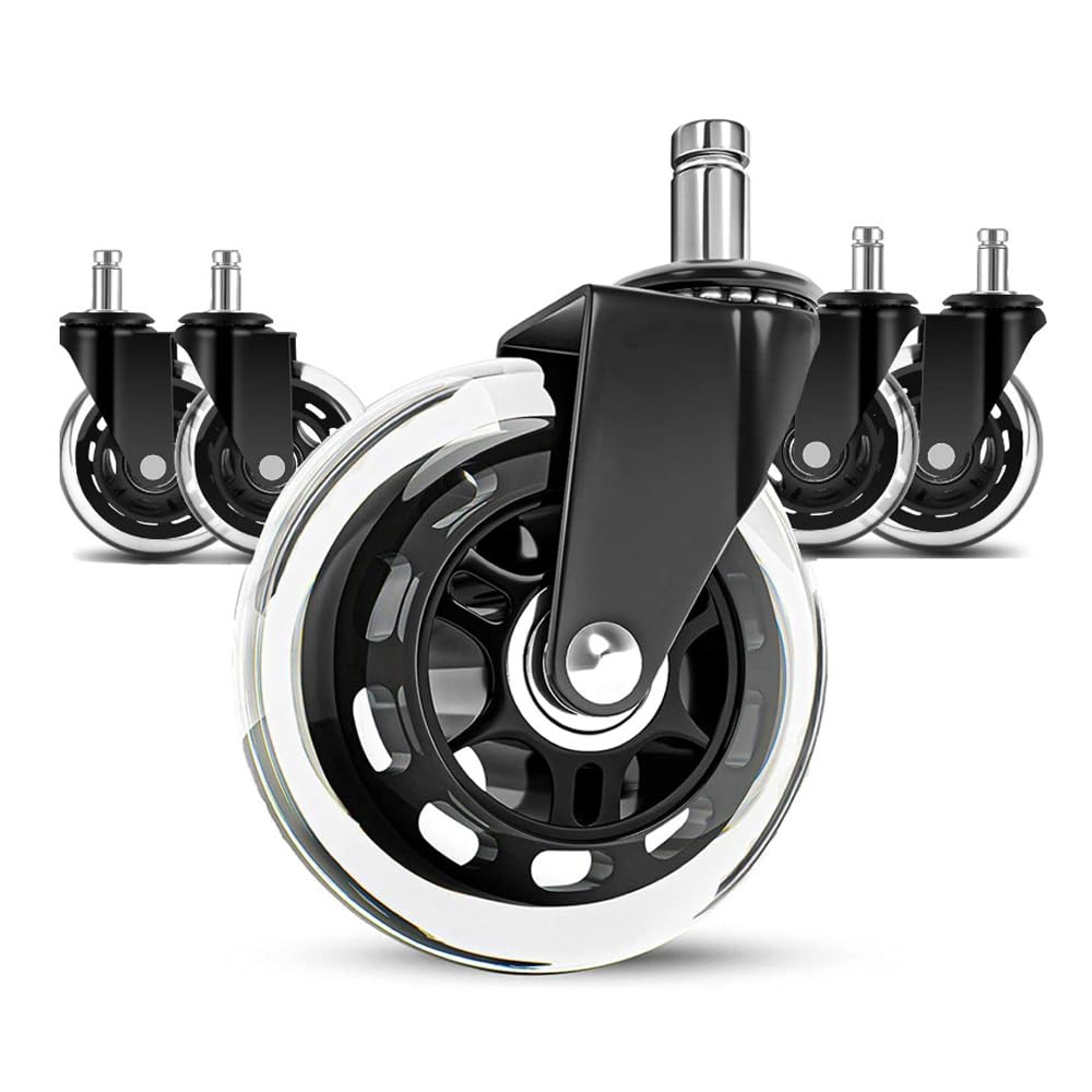Office Chair Wheels (Set of 5) &ndash; 3" Heavy-Duty Replacement Casters for Hardwood & Carpet &ndash; Silent Rollerblade Wheels, 7/16" X 7/8" Stem, Black &ndash; Universal Fit for Ergonomic Chairs (Black) image number 3