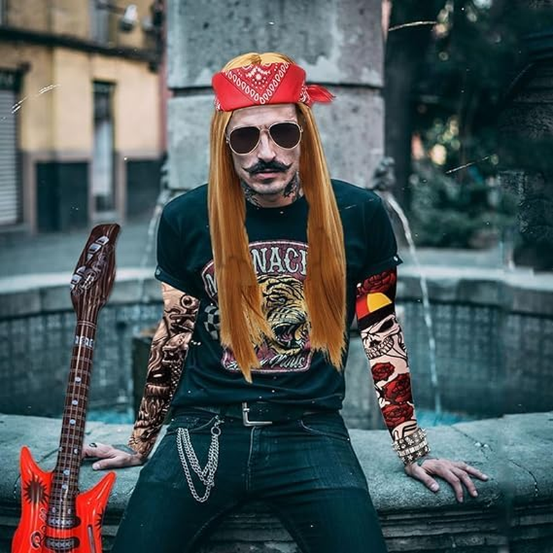 1980S Rockstar Hippie Costume Accessories - 60S 70S 80S Metal Rock Band Punk Costume Set with Wig, Bandana, Sunglasses,Tattoo Sleeves, Gloves, Wrist Chains, Guitar, Men Women Woodstock Outfits image number 4
