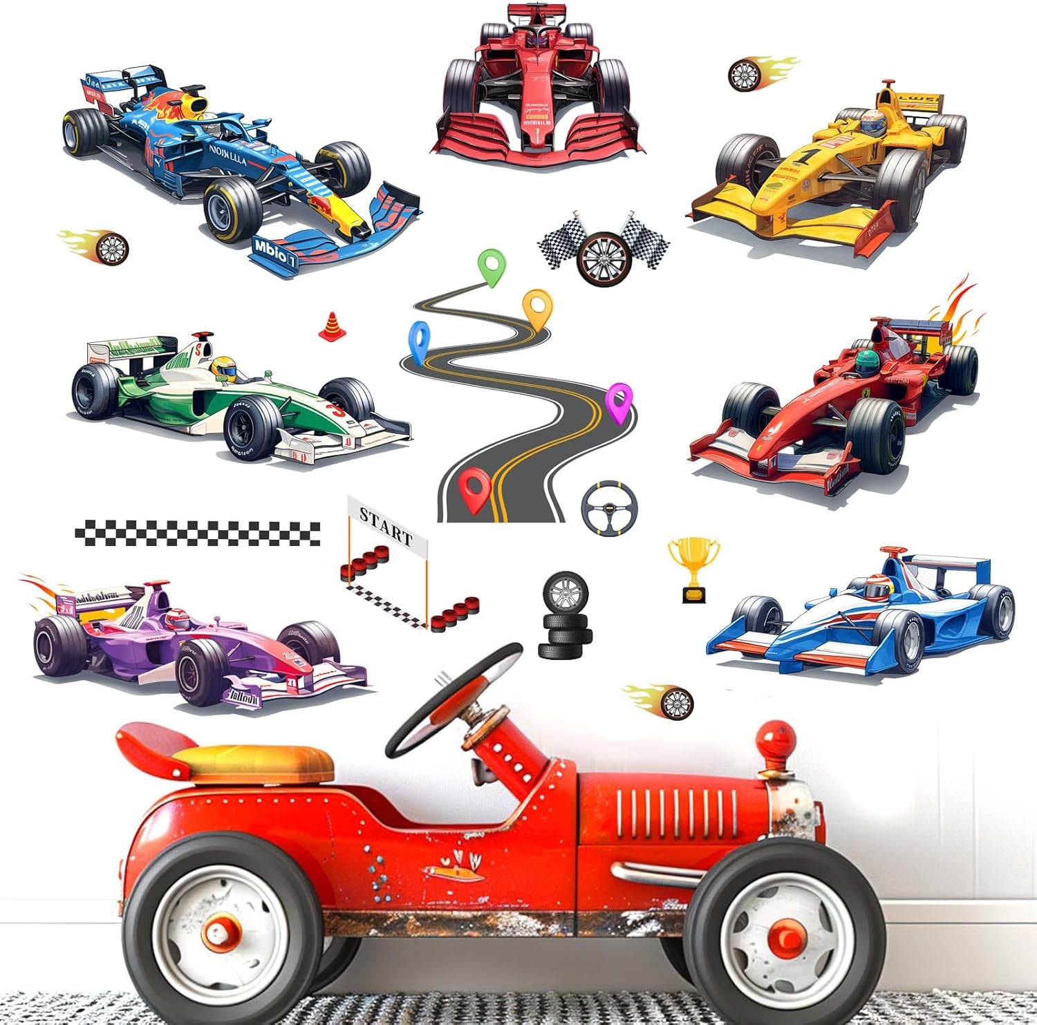 Amimagen Racing Cars Wall Stickers - Vehicles Roads Boys Bedroom Wall Decals - Baby Nursery Kids Room Daycare Playroom Wall Decor image number 5