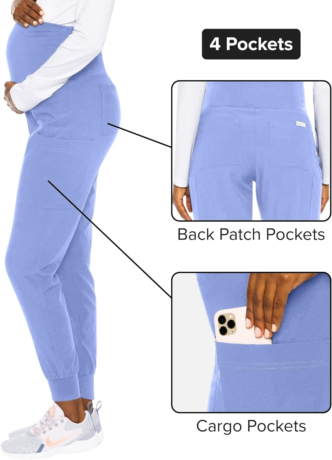 Med Couture Maternity Jogger Scrub Pants for Women, High Rise Waist, 4 Pockets with Soft Knit Waistband - MC029 image number 3