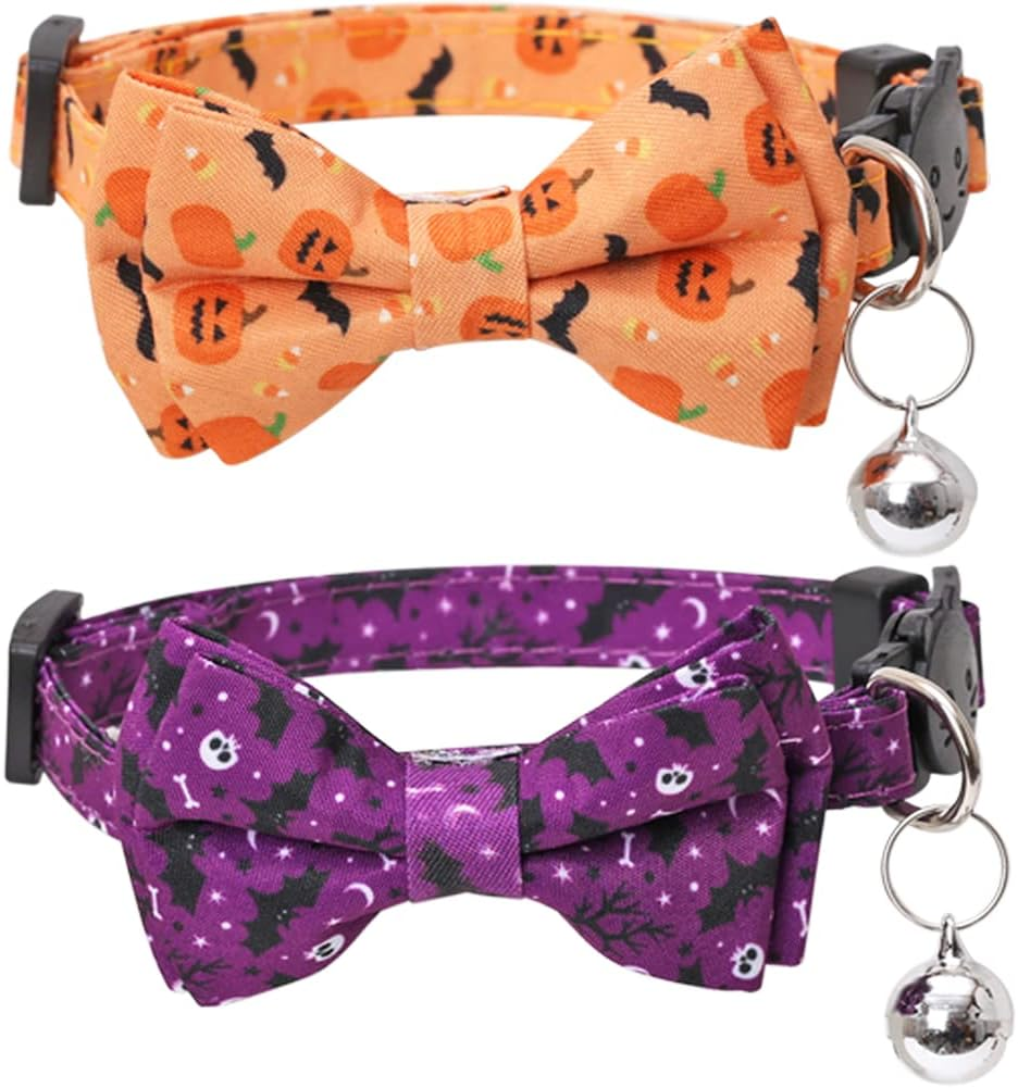 Halloween Cat Collar Breakaway with Cute Bow Tie and Bell for Kitty Adjustable Safety