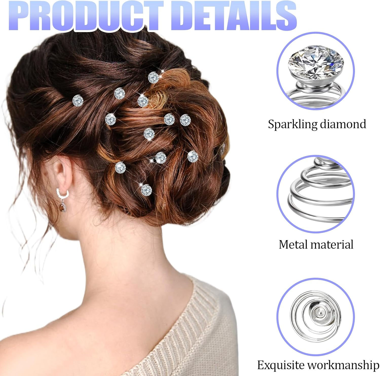 Spiral Rhinestone Hair Studs Set, 60PCS Gems Rhinestone Twister Hair Pins Pearl Flower Jewels Hair Pin Crystal Diamond Spiral Twist Hairpin Wedding Hair Accessories for Wedding Party Bridal Women Prom image number 2