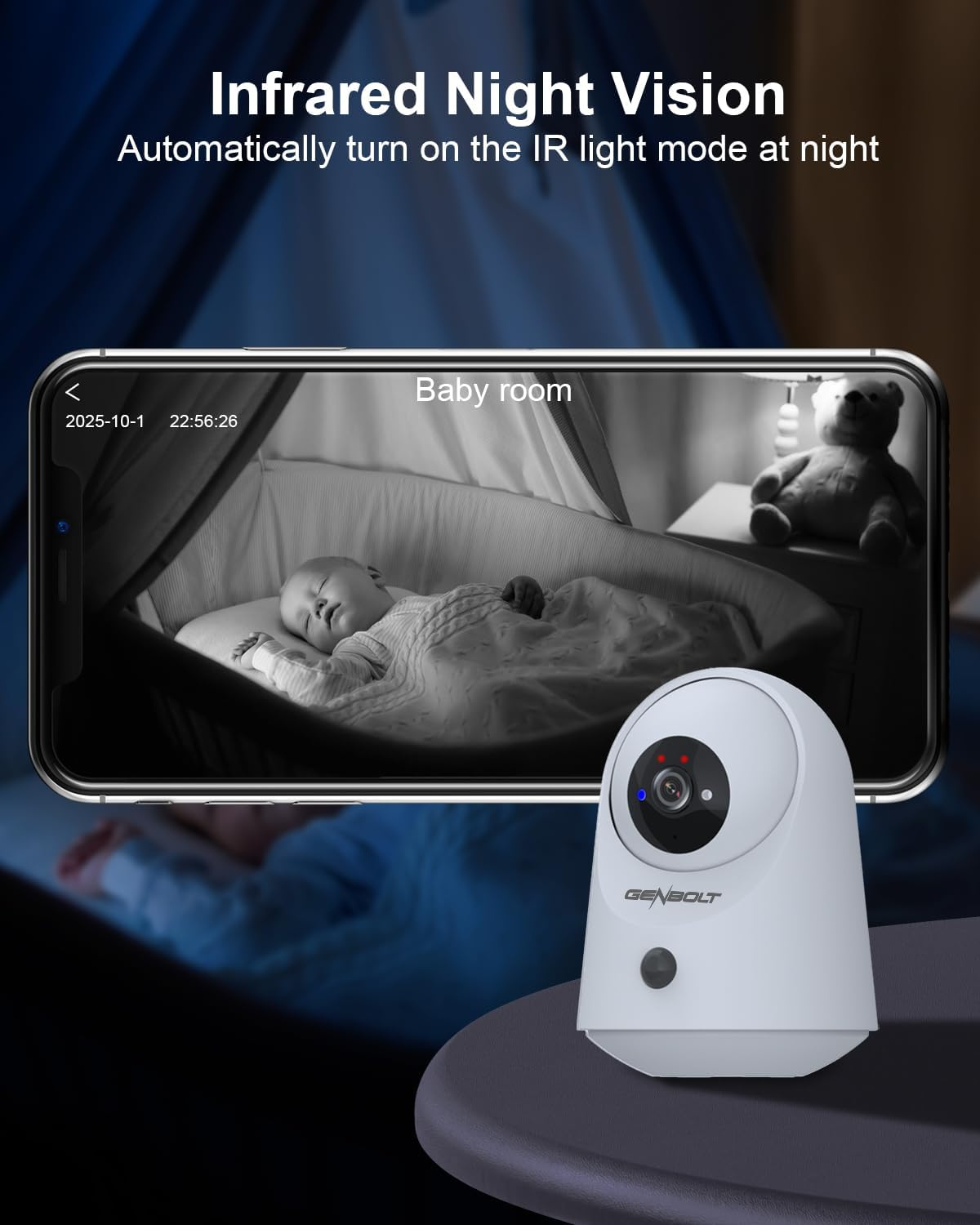 GENBOLT 2K Wifi Indoor House Security Camera Wireless, Pan Tilt Pet Camera Surveillance with 5000Mah Battery Powered, IP Camera CCTV Nanny Dog Cam Baby Monitor with PIR Detection image number 6