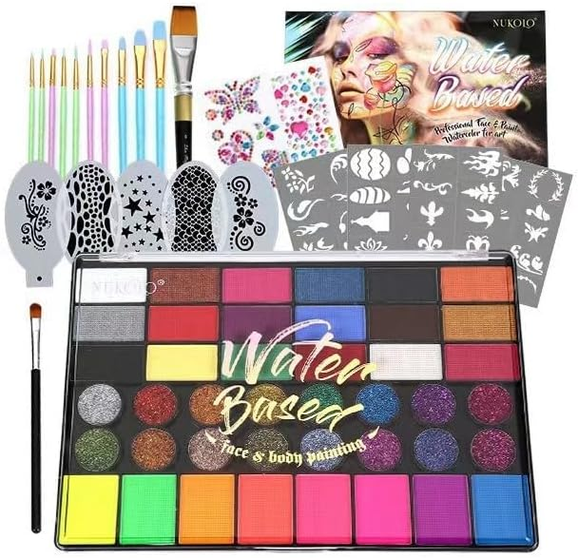Professional Face Painting Kit (42 Color) for Kids Adults, Non Toxic Water Activated Face Paint Palette with Stencil One Stroke Split Cakes Palette Rainbow Flora Dolphin Unicorn Flame Body Paint