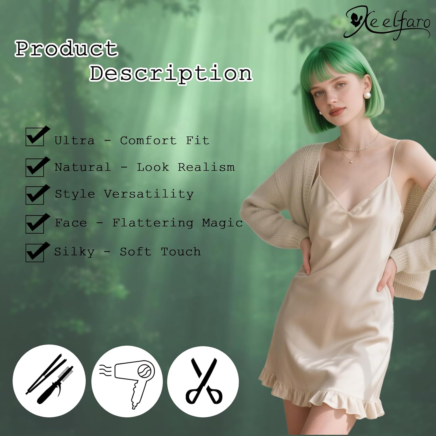 Xeelfaro Green Straight Bob Wig for Women Full Head with Bang & Natural Movement, Soft 10Inch Wig for Stylish Transformations (Green, 10Inch) image number 3