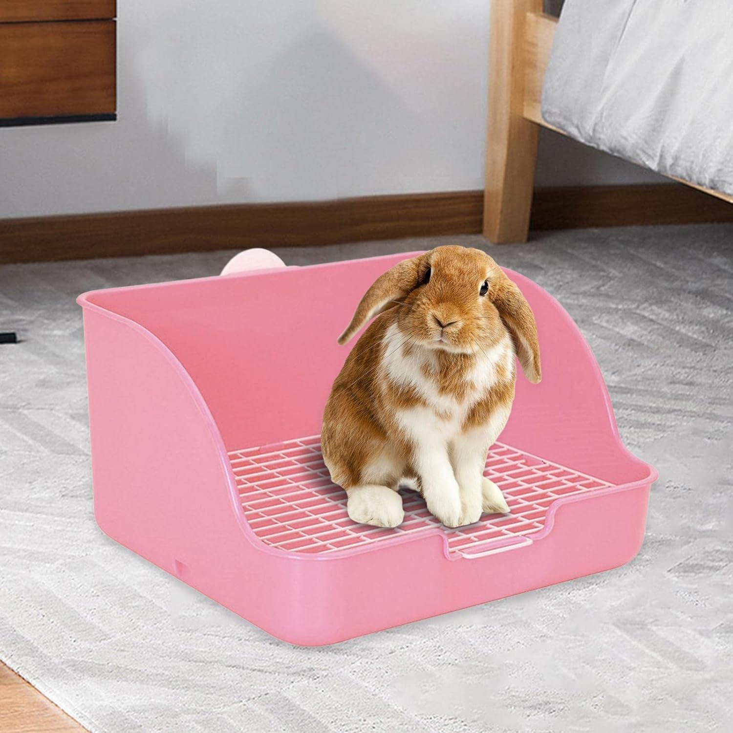 Rabbit Litter Box Toilet, Small Animal Potty Trainer, Plastic Square Cage Box Rat Potty Trainer Corner Grate Litter Bedding Box Pet Pan for Guinea Pigs Chinchilla Ferret Bunny, Easy to Clean (Pink1) - Blue image number 3
