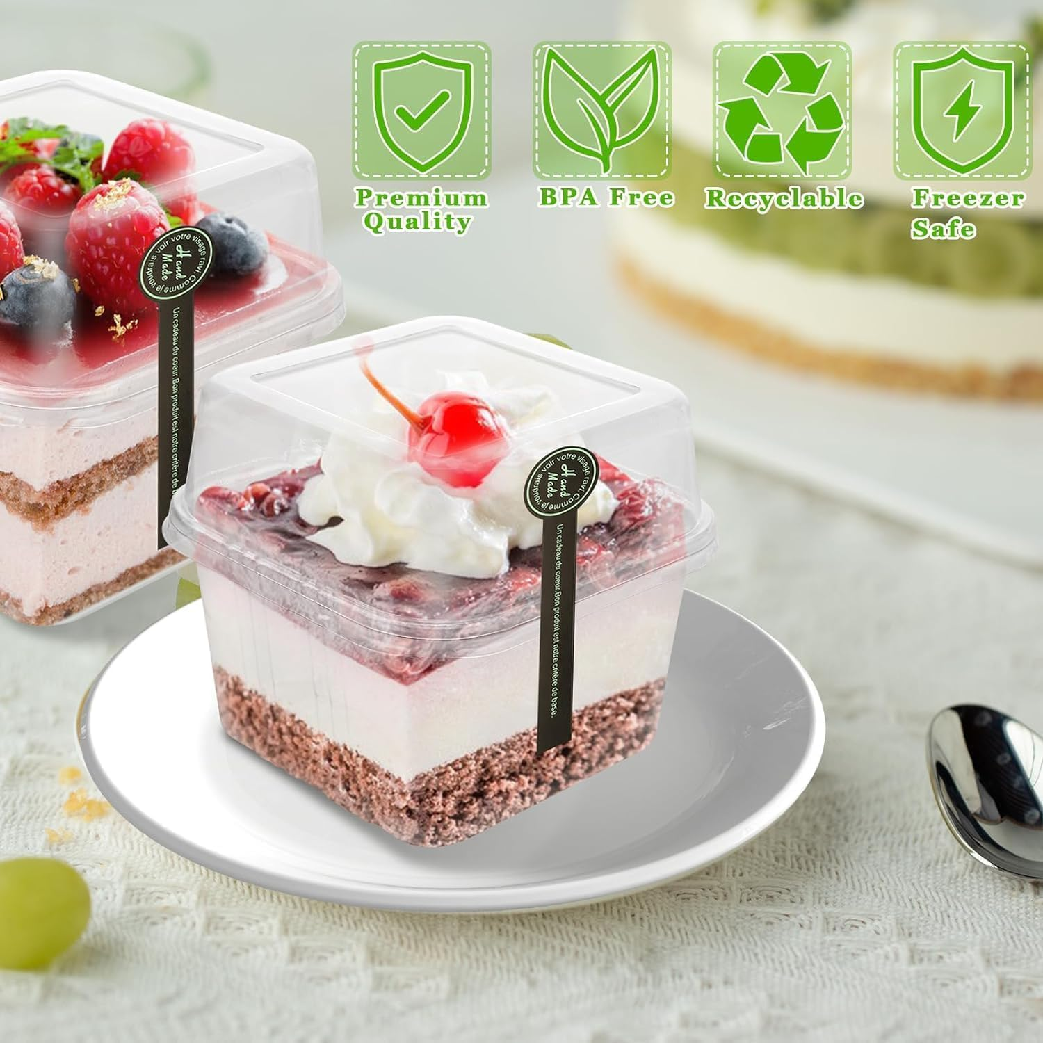 50Pack 8 Oz Square Plastic Dessert Cups, Reusable Clear Plastic Yogurt Parfait Cups with Lids and Individually Wrapped Spoons, for Cupcake Mousse Yogurt Pudding Mousse Fruits image number 5