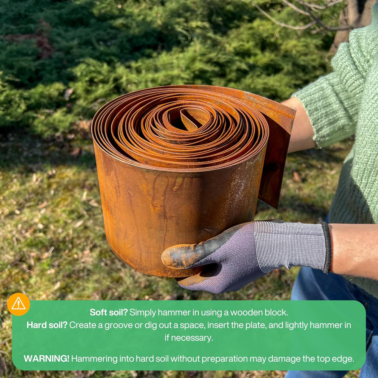 Corten Steel Lawn Edging 10 M - Metal Flower Bed Edging 14 Cm High - Easy Assembly - Flower Bed Border with Grate, 1 Pair of Mounting Gloves Included image number 4