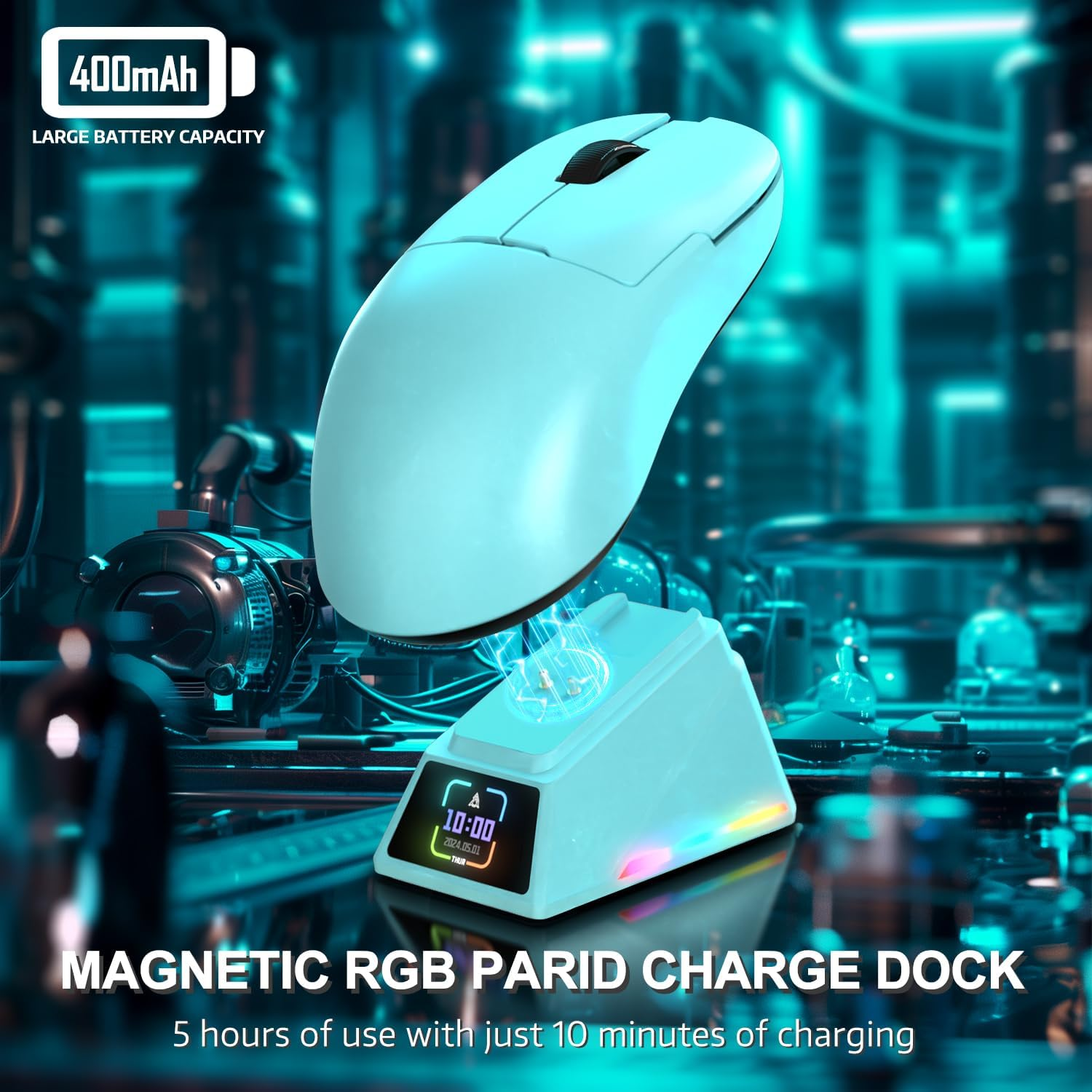 AJAZZ AJ159 APEX 8K Wireless Gaming Mouse, Magnetic Charging Dock with Screen, Pixart PAW3950 Sensor, up to 42000DPI, 56G Ultralight, 100 Million Clicks HUANO Switch, Tri-Mode Mouse, for Pc/Mac (Blue) - Berry Blue image number 6