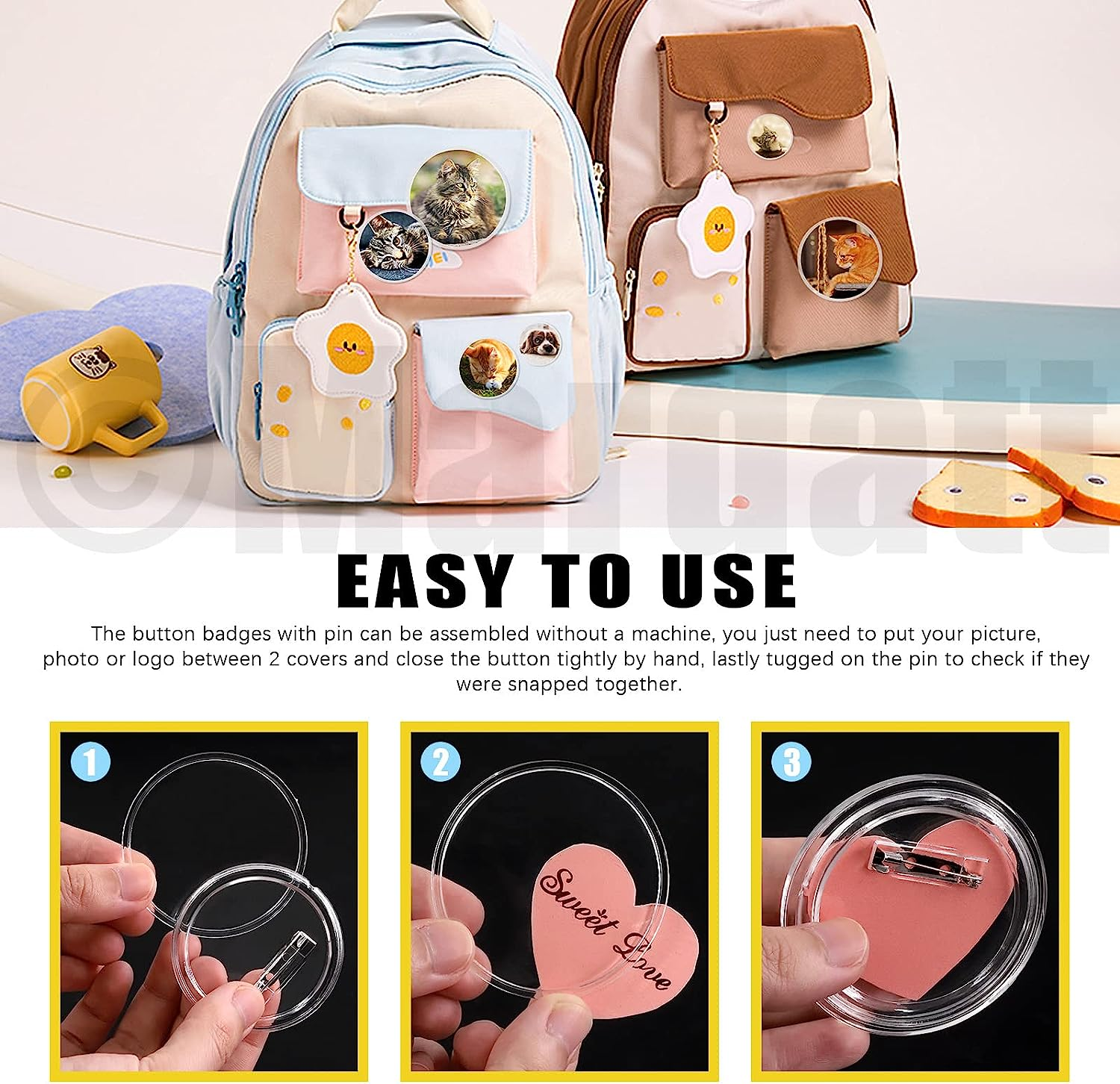 Mardatt 50Pcs 4 Sizes Clear Button Badges Set with Pin, 25/38/45/60Mm Acrylic round Badge Pins Blank Button Picture Custom Design for DIY Making Craft Supplies Christmas Festival Gift image number 5