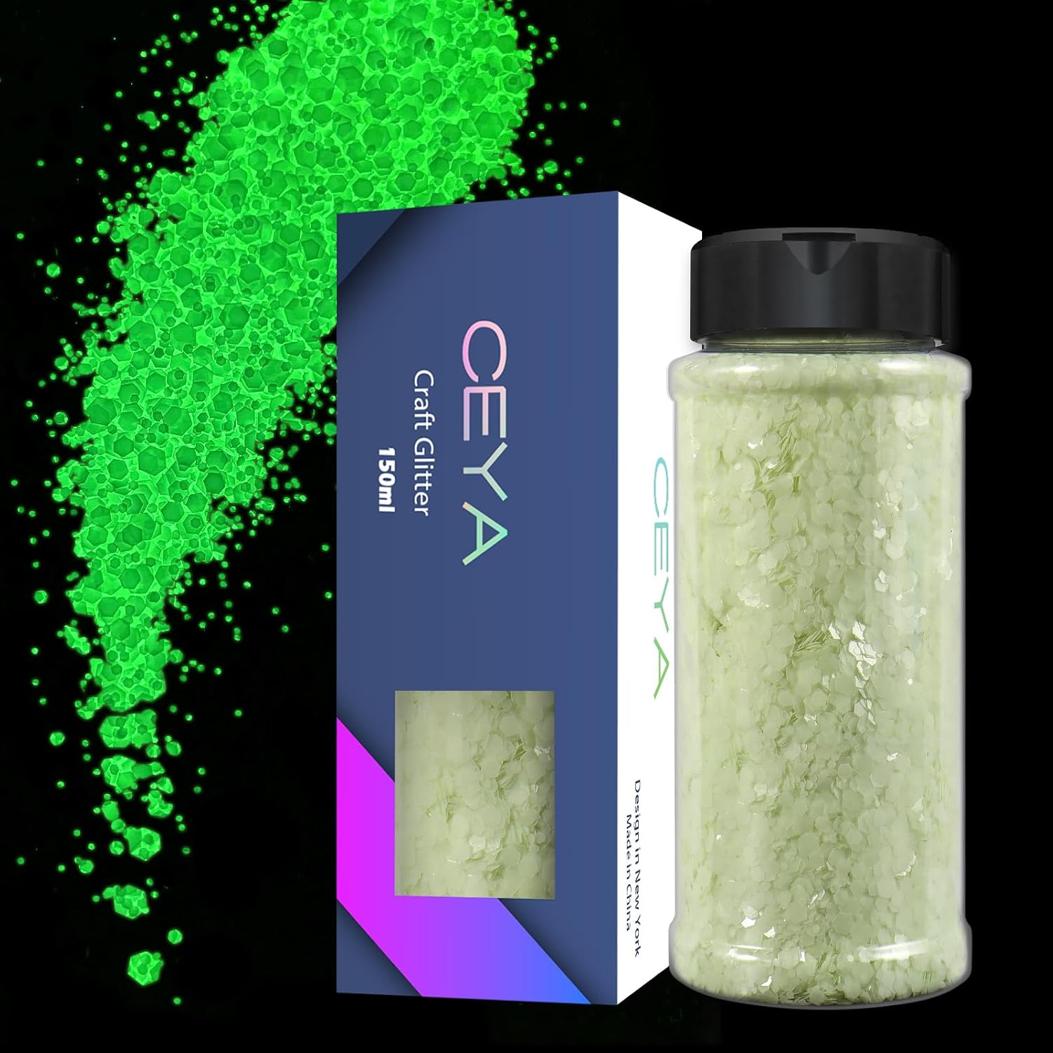 Ceya Glow in the Dark Glitter, 2.8Oz/ 80G White Luminous Chunky Glitter Mix Fine Powder Flakes Fluorescent Nail Sequins for Epoxy Resin, Tumblers, Halloween Party, Festival Decor image number 1