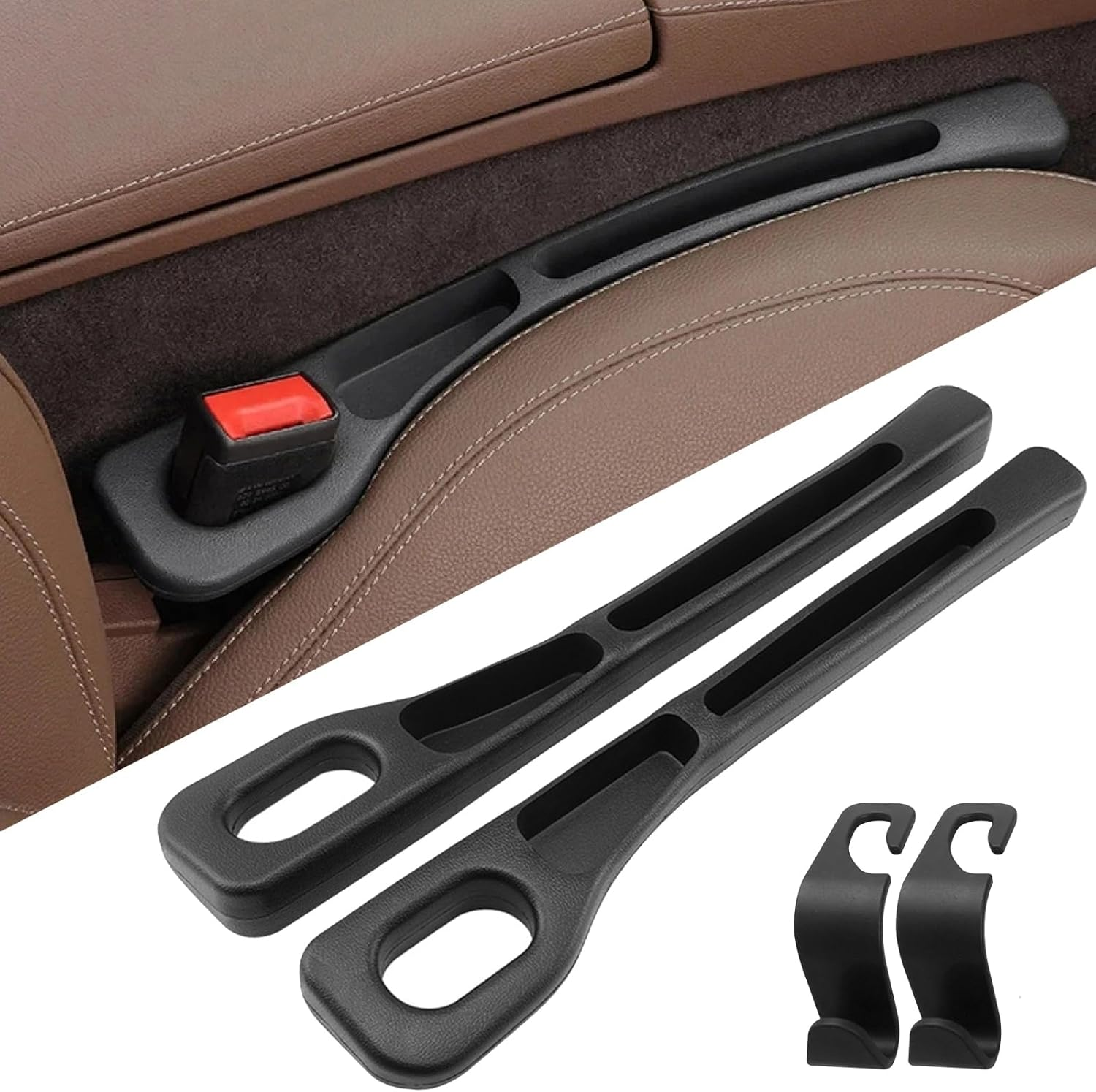 2PCS Car Seat Gap Filler with 2 Car Seat Hooks,Multifunctional Seat Side Gap Filler with Phone Holder Organizer,Universal Seat Side Gap Filler for Car,Suv and Trucks,Prevents Falling Items(Black) image number 4