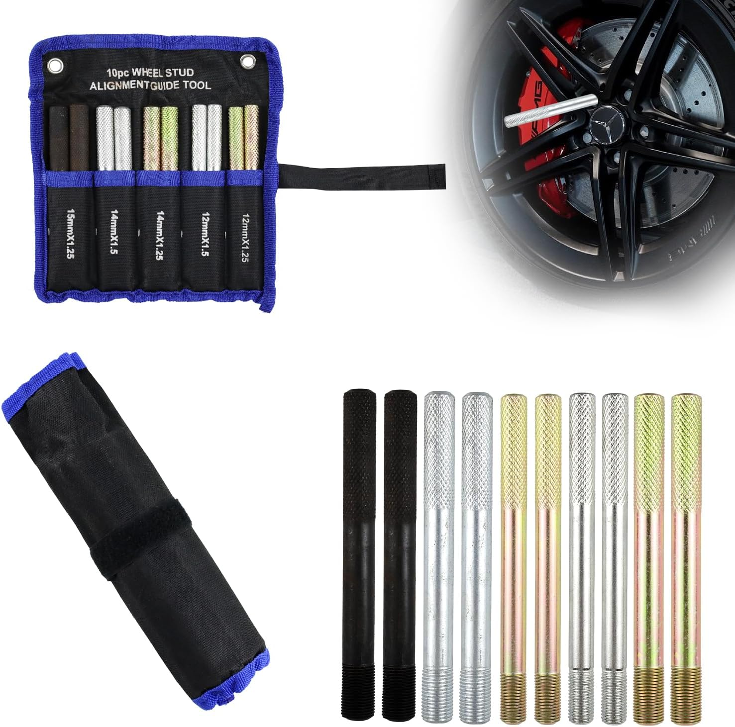 Tyafzzn Tyre Mounting Aid, 10-Piece Mounting Aid Car Tyres, Wheel Mounting Aid Set, 2 Pieces M15 X 1.25/M12X1.5/M12X1.25/M14X1.5/M14X1.25 Wheel Mounting Aid Fixing Bolts image number 2