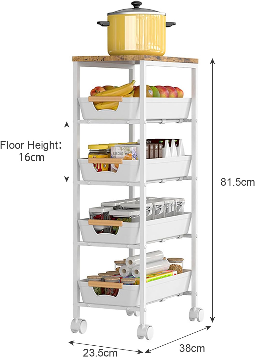 5-Tier Kitchen Storage Cart, Narrow Rolling Storage Cart with Wooden Top, Versatile Mobile Shelving Unit Trolley, Metal Utility Carts with Pull-Out Drawer for Pantry, Bathroom, Kitchen, Office (White) image number 3