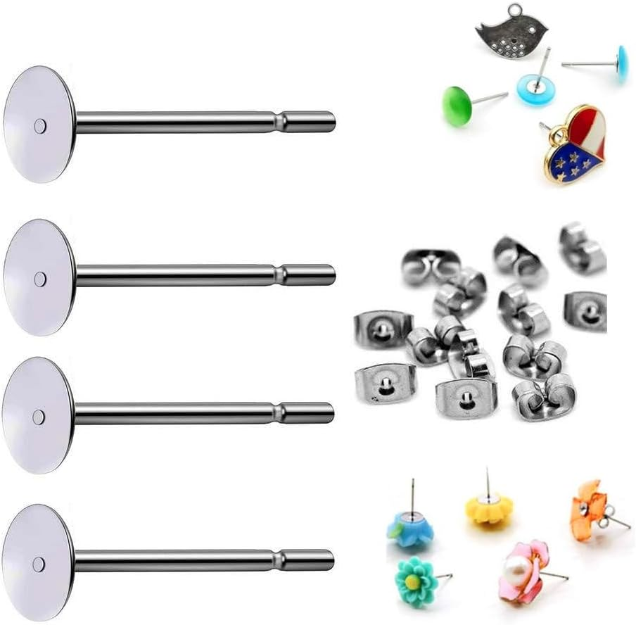 400 PCS 4MM Hypoallergenic Stainless Steel Earrings Posts Flat Pad Blank Earring Pin Studs with Butterfly Earring Backs, for DIY Jewelry Making