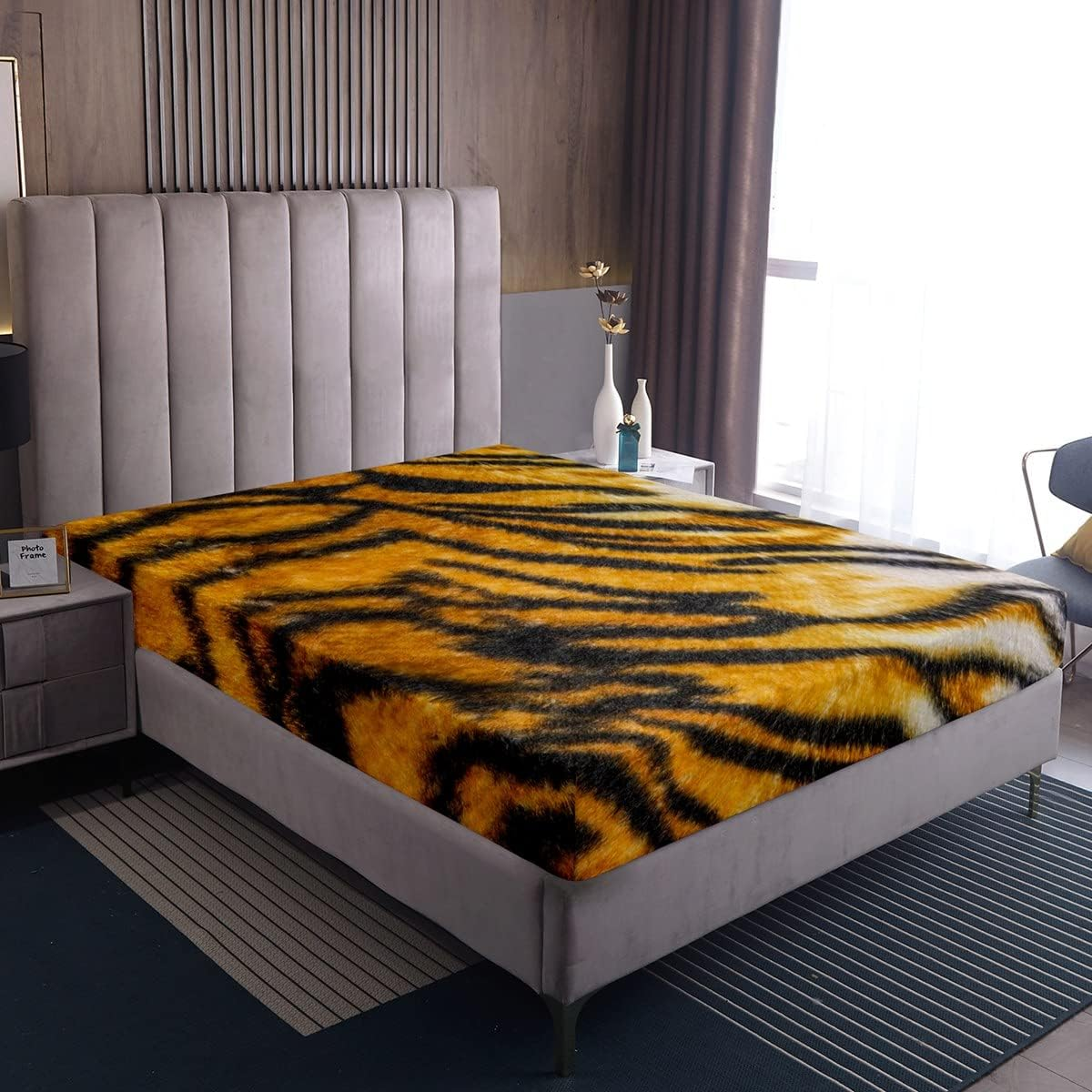 Tiger Bed Linen Set 140 X 200 Cm Wild Animal Fur Fitted Sheet for Children Boys Teenagers Man Geometric Black Brown Stripes Bed Linen Wild Animal Fitted Sheet Bedroom Decor No Pillowcase image number 1