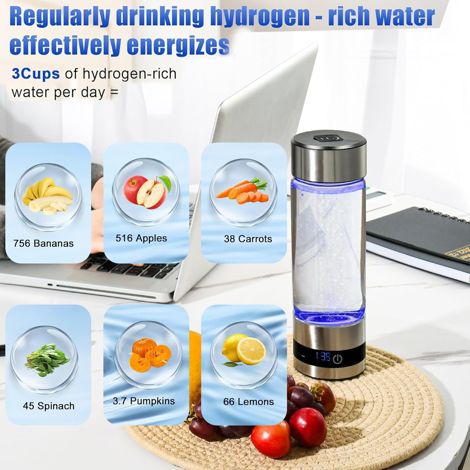 Glass Hydrogen Water Bottle, 16Oz/460Ml, 2500+ PPB, SPE/PEM Tech, LED Display, Type-C Rechargeable, Food-Grade, for Health & Daily Use image number 4
