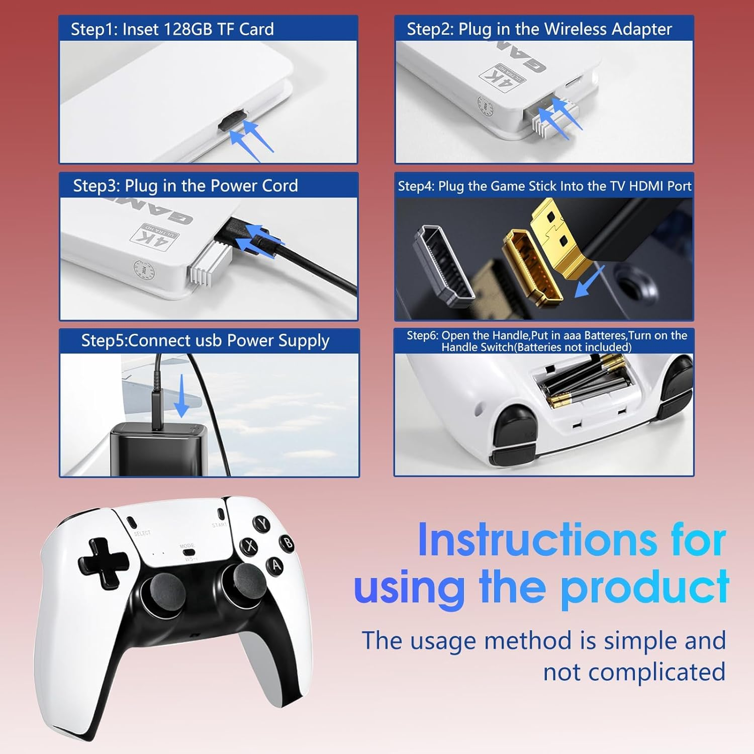 MINYIKJ Retro Gaming Console, Retro Game Stick with 4K HDMI, Classic Video Games, Upgraded Dual 2.4G Wireless Controllers 128GB image number 3