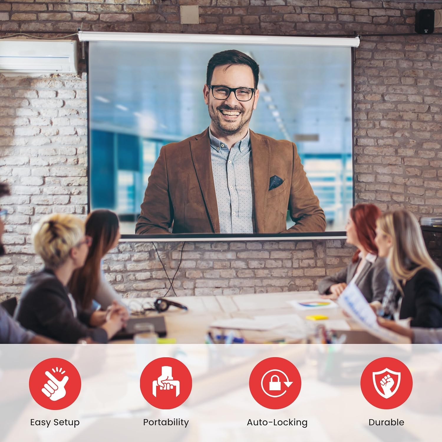 Pyle Manual Pull-Down Projector Screen - Universal 84-Inch Roll-Down Retractable Manual Projection Screen W/Auto-Locking, Adjustable Screen Height, Black Masking Border image number 4