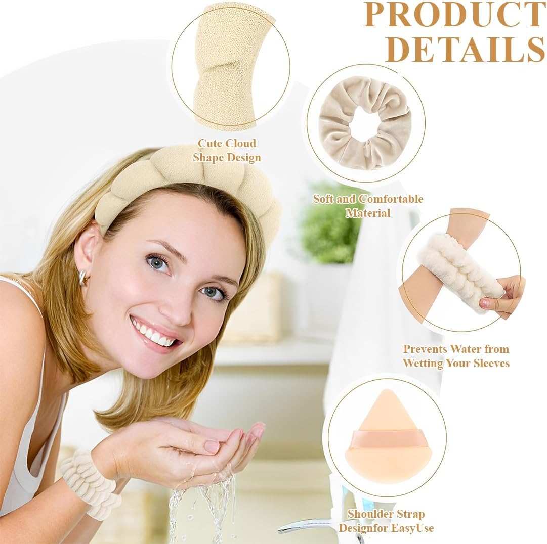 GGUFAY Spa Headband for Washing Face Wristband Set Sponge Soft Terry Cloth Makeup Skin Care Non-Slip Headband for Women image number 3