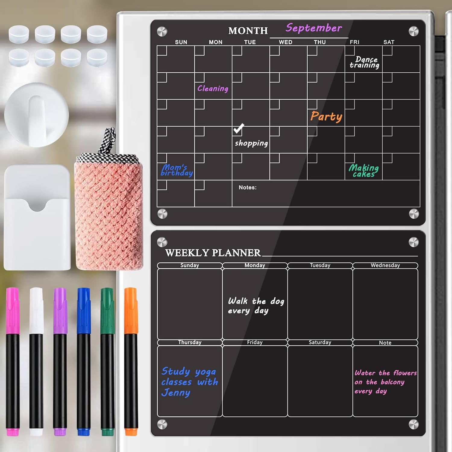 Acrylic Fridge Calendar for Refrigerator Monthly and Weekly Magnetic Planner Board Reusable Planner Board Organiser Board for Kitchen 2PCS Planning Boards Black image number 1
