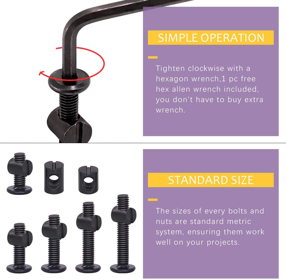 Swpeet 120Pcs Crib Hardware Screws, Black M6 &times; 15/20/25/30/35Mm Hex Socket Head Cap Crib Baby Bed Bolt and Barrel Nuts with 1 X Allen Wrench Perfect for Furniture, Cots, Crib Screws image number 3