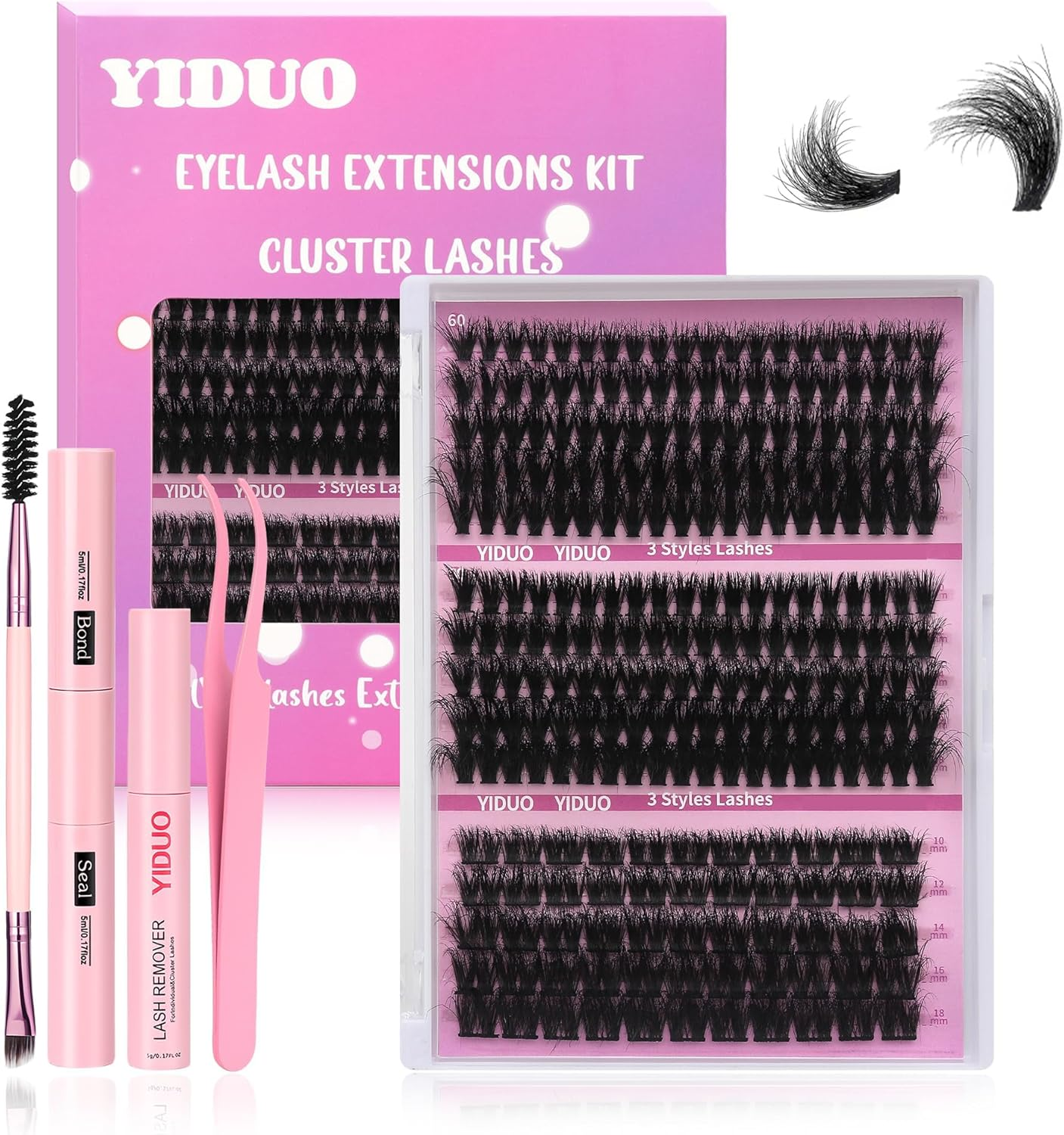 YIDUO Lashes Clusters Kit False Eyelashes Extensions Fluffy D Curl Wispy Individuals Fake Eyelashes, Volume Studio Effect, 255Pcs All-In-1 Pack with Glue |Tweezers |Removers |Eyelash & Eyebrow Brush