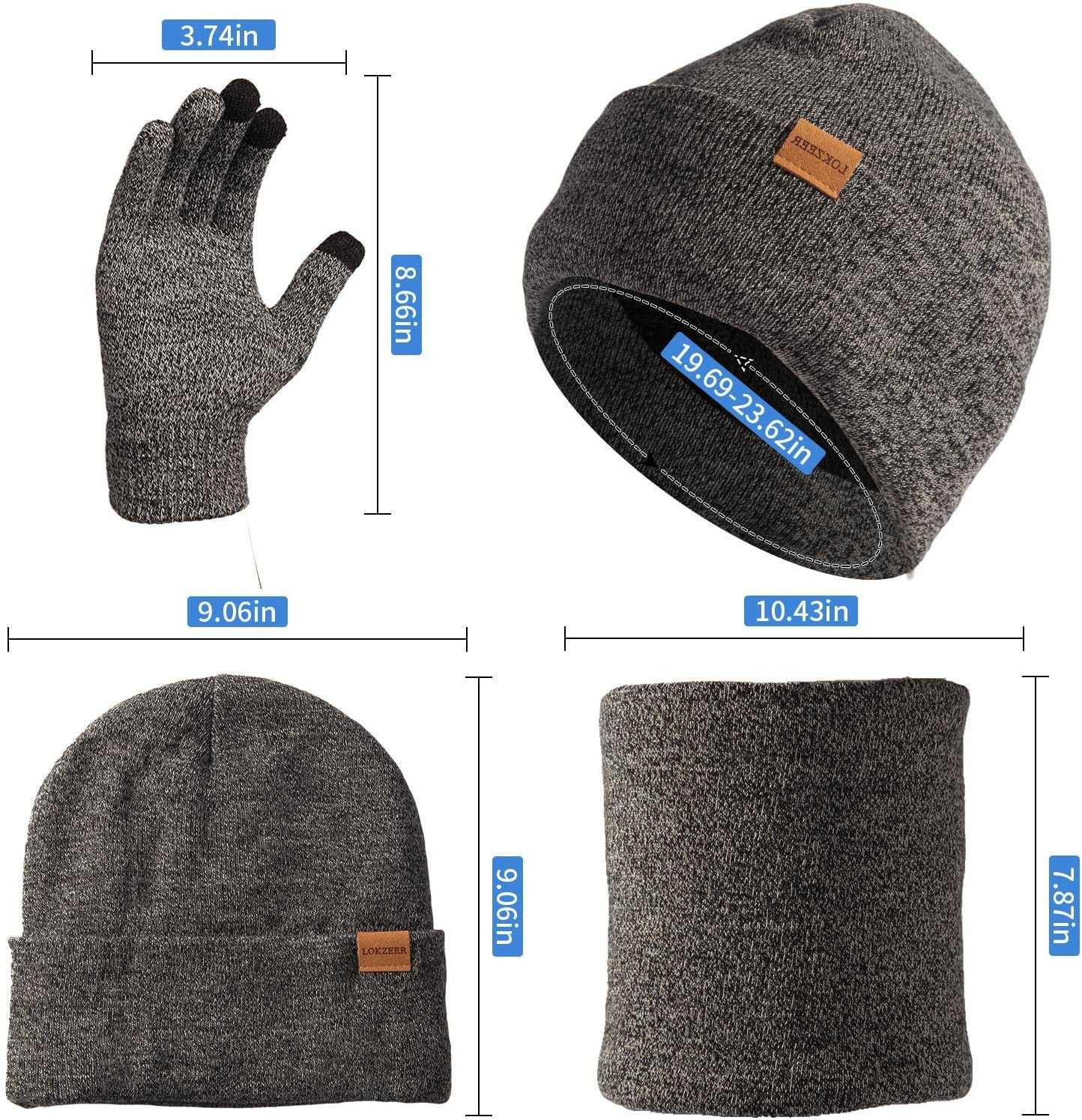 LOKZEER Winter Beanie Gloves Scarf Set: Men Women Warm Hat Scarves with Thermal Wool Lining. Knit Beanies Neck Warmer and Touchscreen Gloves 3 in 1 (One Size)