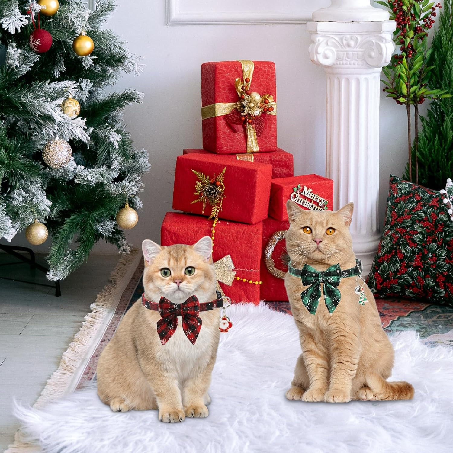 PEUTIER 2Pcs Christmas Cat Collar, Festive Cat Collar with Bells, Removable Bow Tie, Breakaway Safety Buckle, Red, Green, 18-29Cm/7-11.4 Inches image number 3