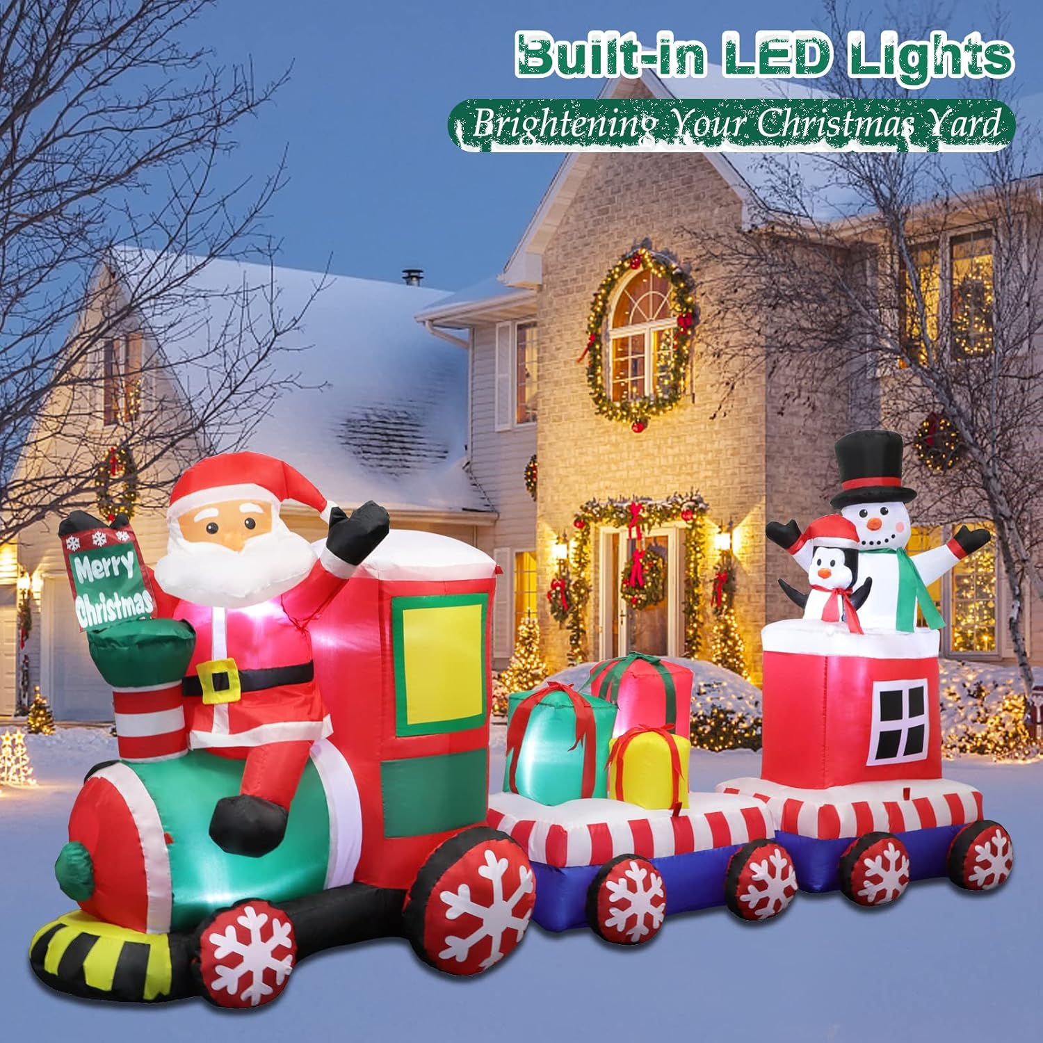 8 FT Christmas Inflatable Train with Santa Claus, Snowman, Penguin, Gift Boxes, Blow up Yard Decorations with Built-In Lights, Lovely Xmas Train Carriage for Holiday Display Lawn Garden Party Decor image number 5