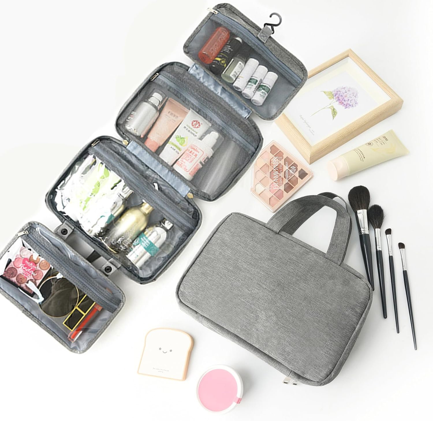 Travel Toiletry Bag with Hanging Hook - Spacious Makeup Organizer,Travel Essentials for Women & Men,Big Comparment, Waterproof for Shampoo, Conditioner, Brushes Set, Makeup Accessories, Grey