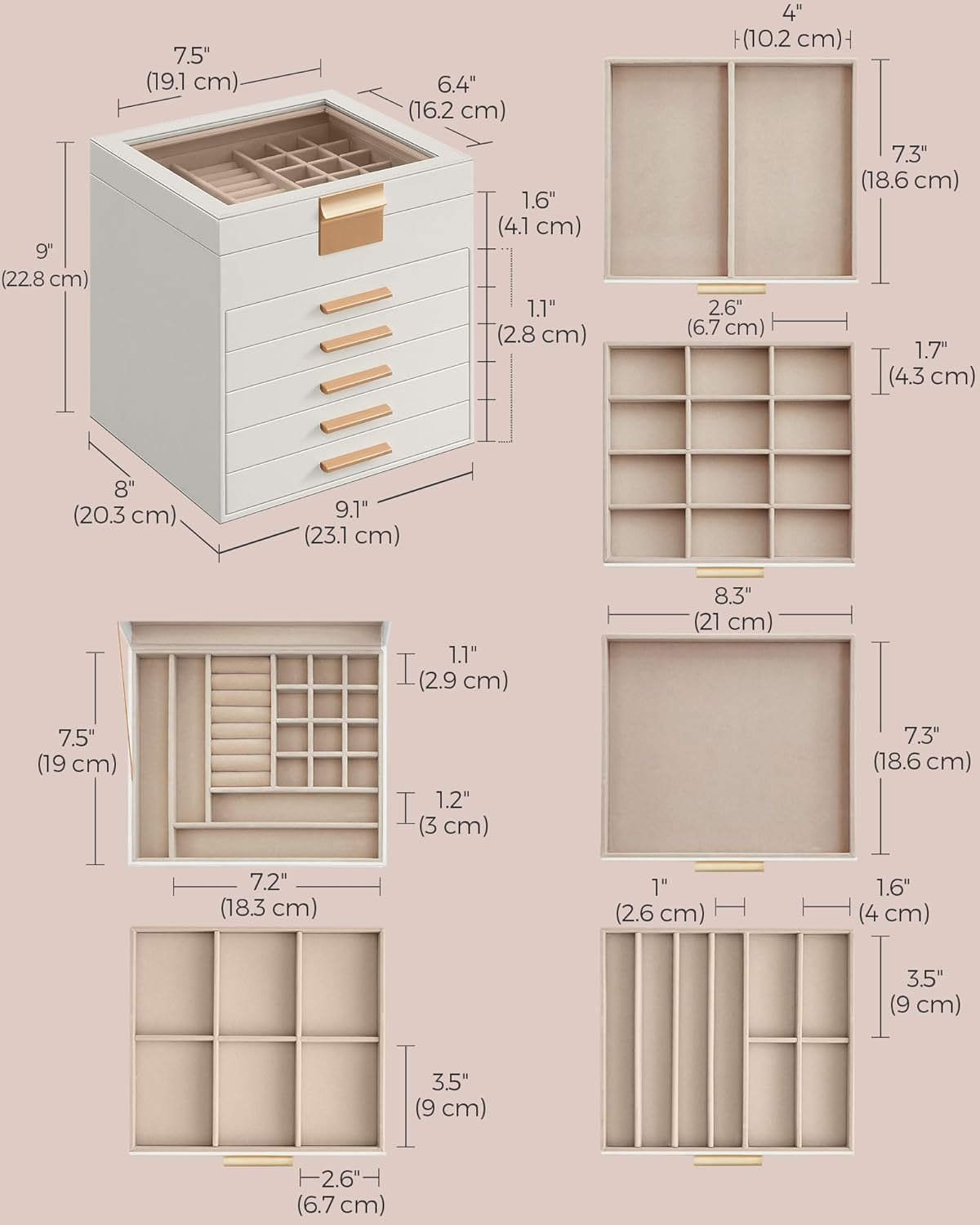 SONGMICS Jewelry Box Organizer with Glass Lid, 6-Layer Jewelry Storage, with 5 Drawers, Modern Style, 8 X 9.1 X 9 Inches, Cloud White and Gold Color JBC176W01 image number 2
