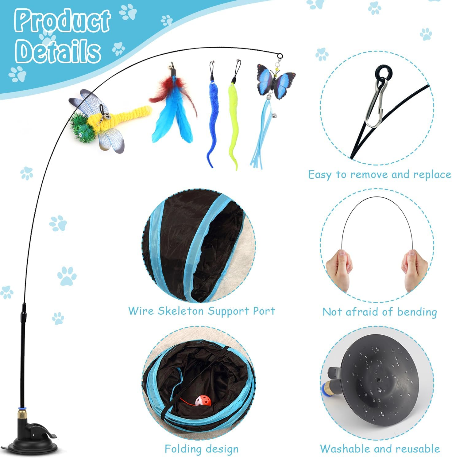 Interactive Cat Toy Set, Foldable Cat Tunnel, Angel Toy, 3-Way Play Tunnel for Cats, Rabbits, 39 Pieces, Cat Tangle Suction Cup, round Tunnel, Cat Toys Accessories, Cat Activity image number 2