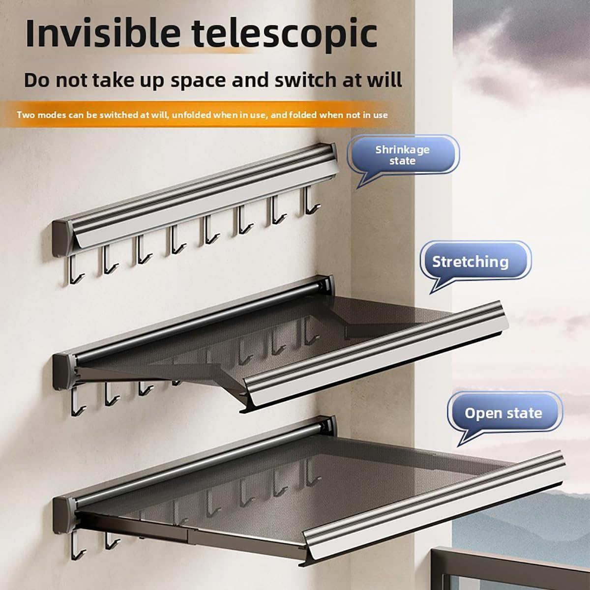 CLOUDSEASON Bathroom Clothes Hanger Adjustable Drying Rack Peel-And-Stick Installation - Wet/Dry Separation Design - Multi-Purpose Clothes and Shoes Drying Rack - 2 Size Options (44Cm 6 Hooks)