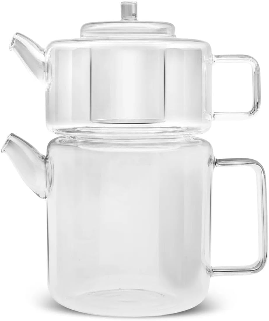 Karaca Flat Borosilicate Glass Teapot with Infuser - Clear Turkish Tea Maker - Ideal for Herbal, Loose Leaf - Teapot with Strainer (1.10L) & Tea Kettle (1.75L) for Stovetop
