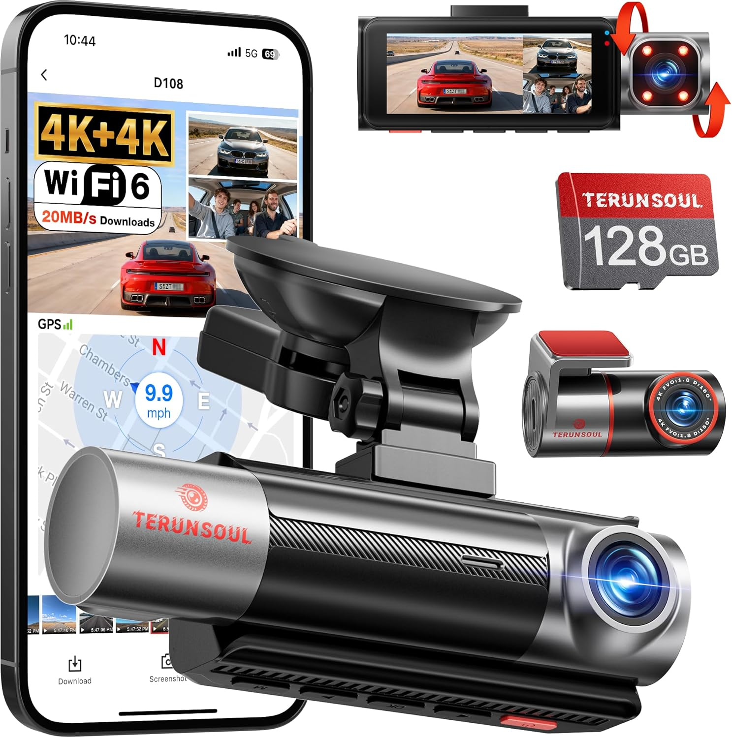 4K+4K+1080P 3 Channel Dash Cam Front and Rear with Cabin, Free 128GB Card Included, 5.8Ghz Wifi6 - up to 20Mb/S, IR Night Vision, Built-In GPS, G-Sensor, 24H Parking Mode, Support 512GB Max image number 6