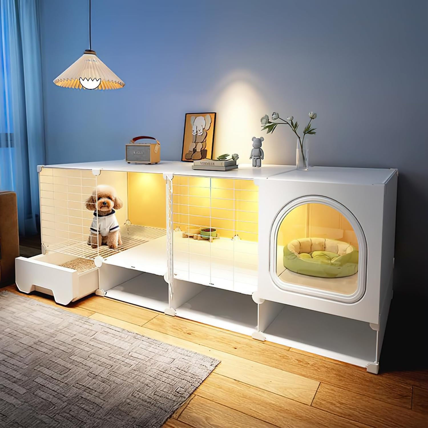 XXYSPT Cat Cage Cat House for Indoor Cats and Small Dogs, 2-Tier Large Enclosure with Litter Area, Storage, Cozy Bed Space, Transparent Panels & Top Fence, Modern White, 140X45X52Cm (55X17.7X20.5In)