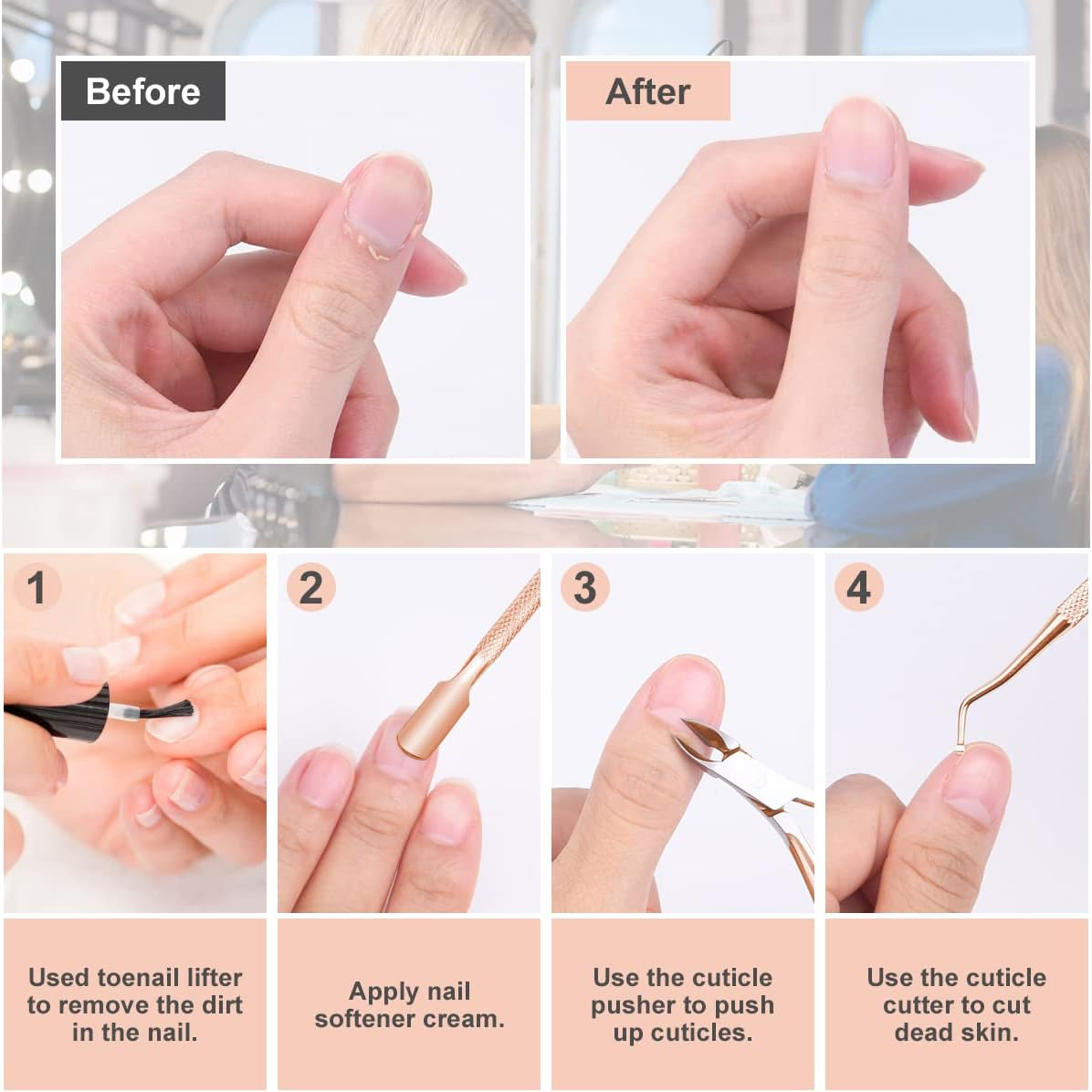 ACWOO Rose Gold 4-Piece Stainless Steel Nail Clippers, Cuticle Nippers, Pusher, Remover Set for Toenails and Fingernails - Rose Gold image number 3