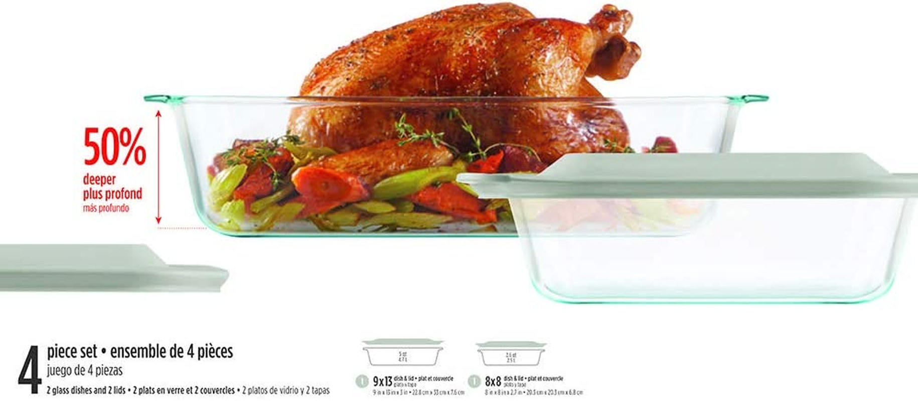 Pyrex Deep Dish Glass Baking Dishes 4 Piece Set &ndash; 50% Deeper for Roasts, Fillings & Sauces &ndash; Durable Tempered Glass, BPA Free, Dishwasher, Freezer, Microwave & Oven Safe &ndash; Sage Lids