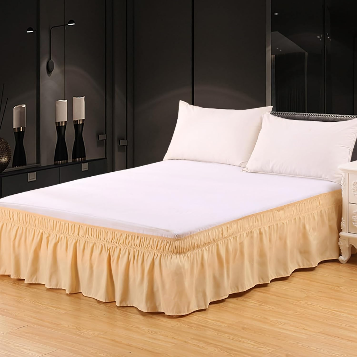 Wrap around Bed Skirts for Beds Drop, Adjustable Elastic Dust Ruffles Queen King Full Twin Bedskirts Machine Washable (Beige, Full) image number 5