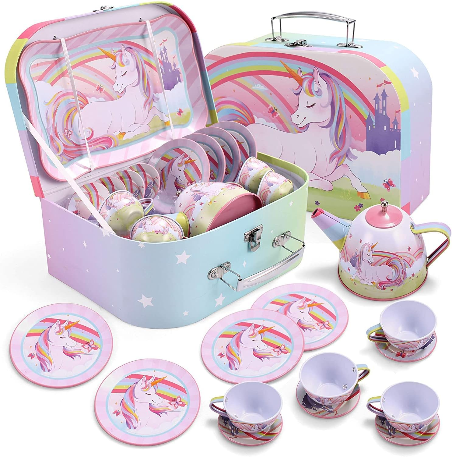 JOYIN Unicorn Castle Pretend Tin Teapot Set for Tea Party and Kids Kitchen Pretend Play image number 2