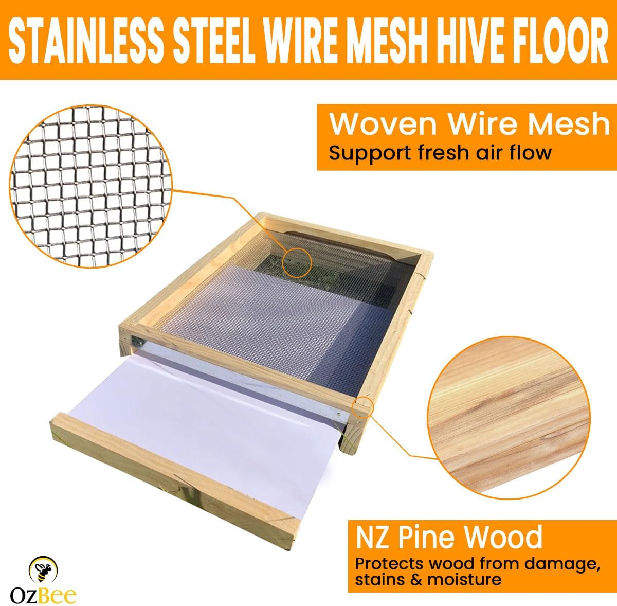 10 Frame Beehive Bottom Base with Stainless Steel Mesh & Removable Drawer Tray - NZ Pine Construction Bottom Board Hive Tools Beekeeping Tools Hive Parts image number 1