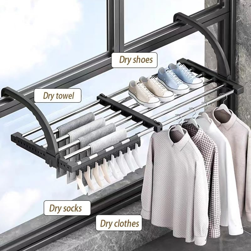 Candumy Portable Clothes Drying Rack for Balcony Railings Windowsill, Folding Towel Rack Indoor Outdoor Retractable Laundry Rack with Sock Clips for Drying Socks image number 3