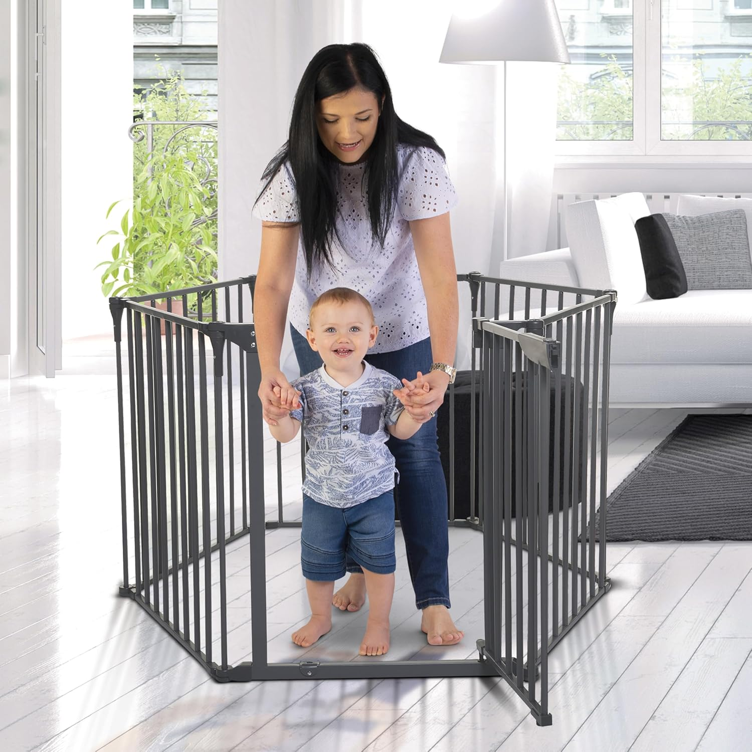 Little Chicks Oxford 3-In-1 Play Yard, Baby Gate, and Fireplace Fence - 151 Inch Extra Wide Baby Gate Barrier - Toddler Playpen - Black image number 2