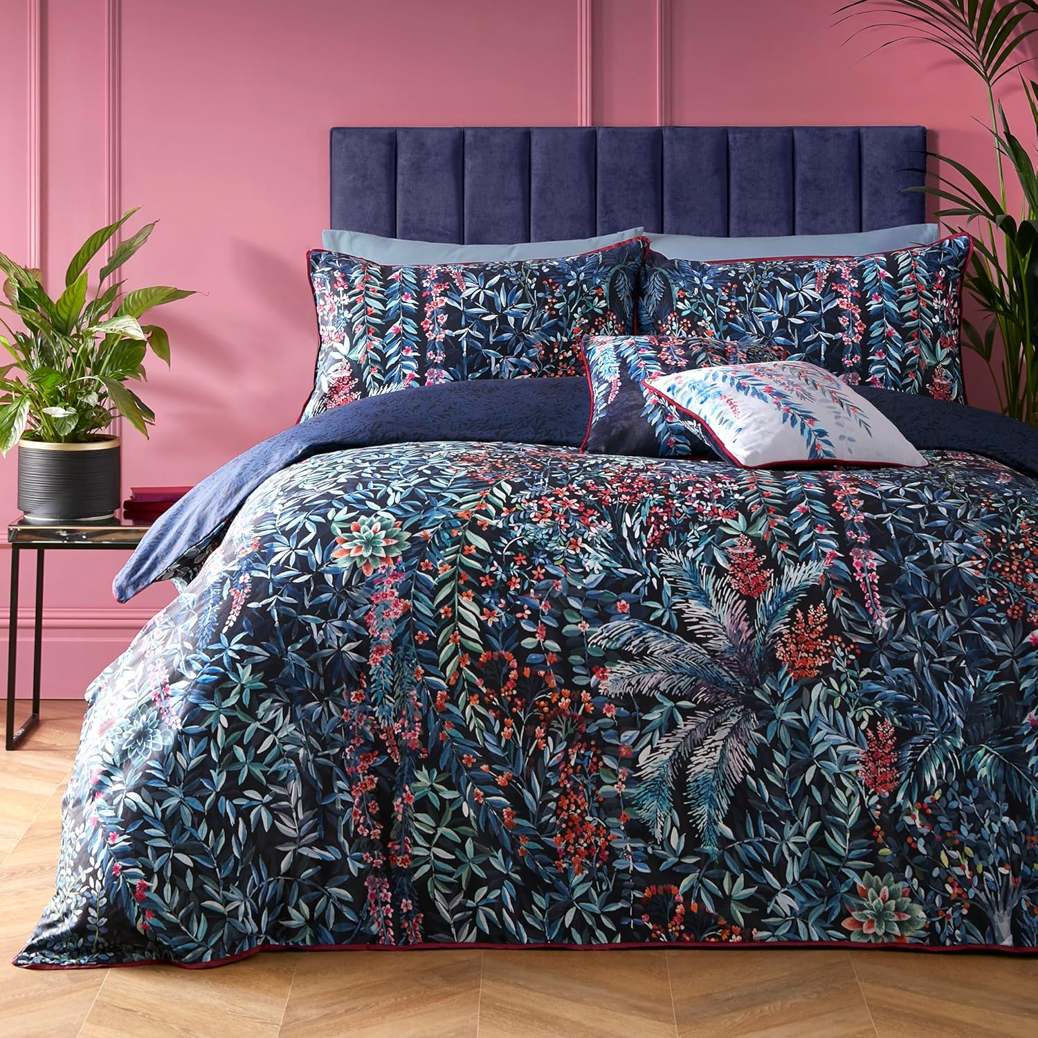 Soiree - Blue Tropical Leaf & Fern Duvet Cover - Super King Bedding Size (260 X 220Cm) - Reversible Designs - 100% Cotton - 2X Pillowcases Included - Luxury Bedding - Navy Bedding with Floral & Leaves image number 1