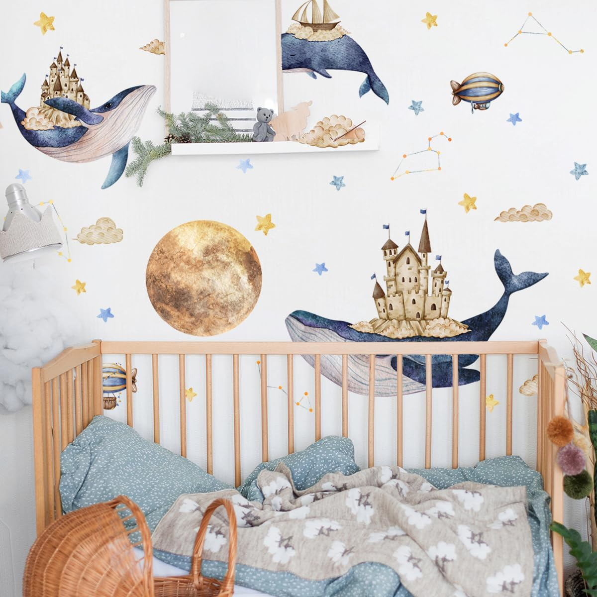 Whale Castle Wall Stickers,Large Whales Dolphins Star Moon Wall Art Decals Peel and Stick Wall Stickers for Boy Bedroom Kids Room Baby Nursery image number 6