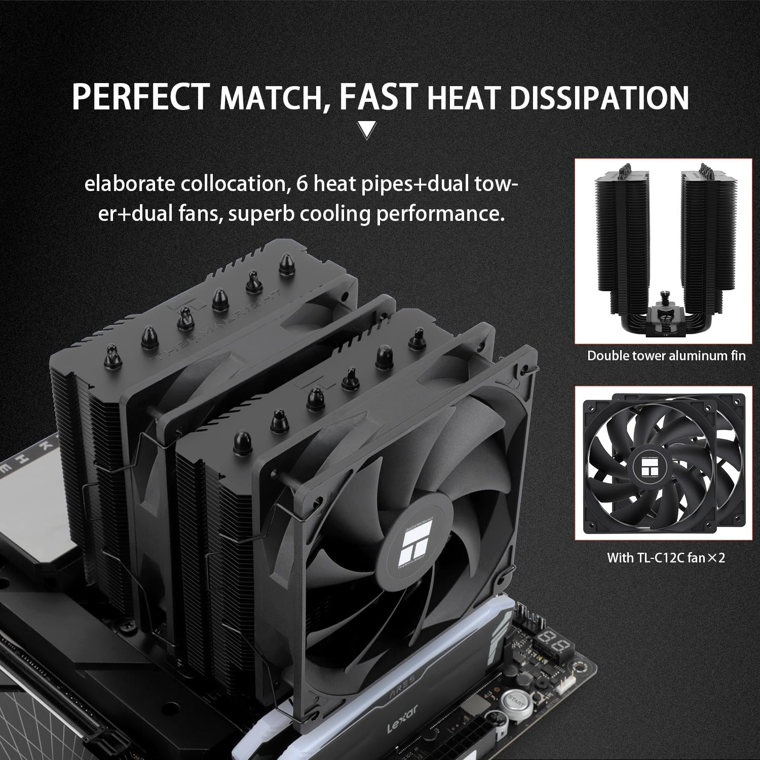 Thermalright Peerless Assassin 120 SE Black CPU Cooler, 6 Heat Pipes Heatsink Cooler, Dual 120Mm PWM Fans, 1550RPM Speed, for AM4/AM5 and Intel LGA 1700/1851/115X/1200,Computer CPU Cooling image number 3