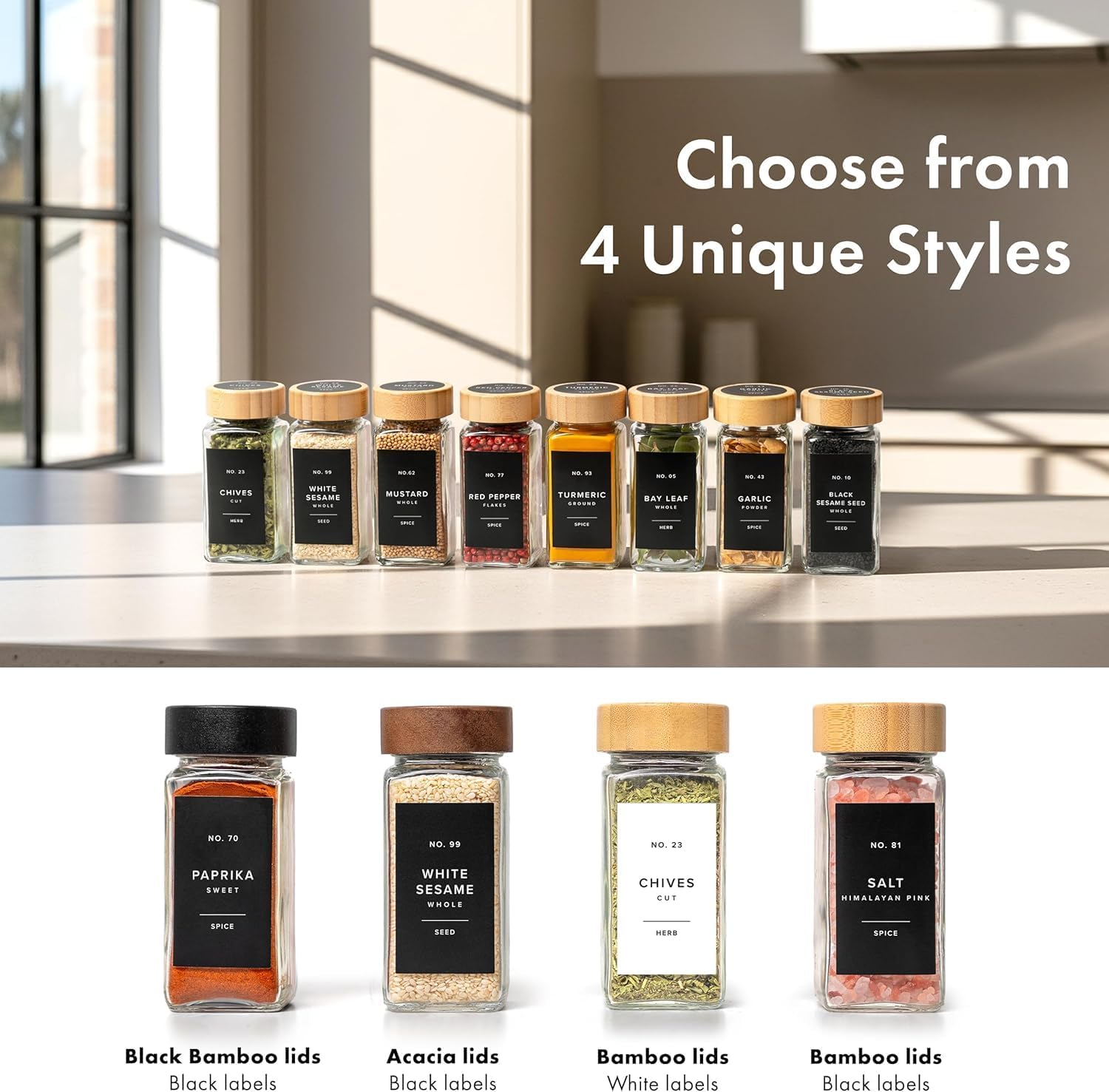 Telfun Square Spice Jars with Bamboo Wooden Lid (Pack of 24) Spice Jars with Shaker Insert and 360 Labels - Bamboo Lid Glass Container for Spice Organisation [4.3 in &times; 1.8 In]